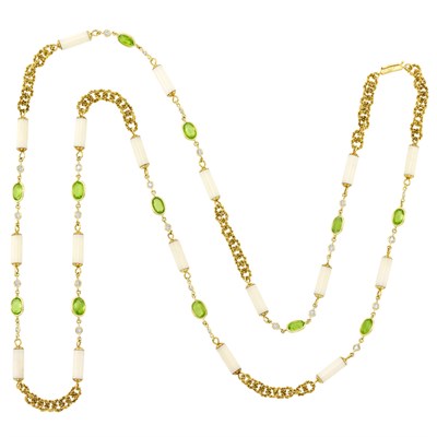 Lot 79 - Long Gold, White Coral, Peridot and Diamond Chain Necklace