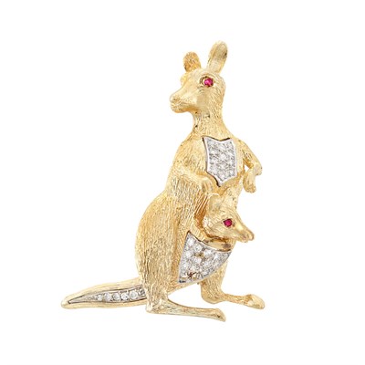 Lot 240 - Two-Color Gold, Diamond and Ruby Kangaroo and Kid Brooch