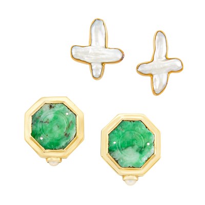 Lot 322 - Pair of Gold and Freshwater Pearl 'X' Earclips, Christopher Walling, and Pair of Gold and Jade Earclips