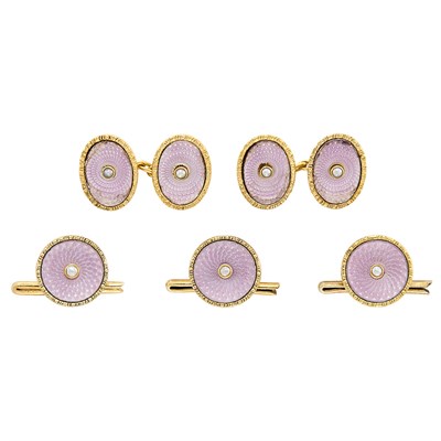 Lot 373 - Antique Gold, Guilloche Lavender Enamel and Split Pearl Dress Set
