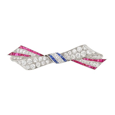 Lot 411 - Art Deco Platinum, Diamond, Sapphire and Ruby Bow Pin