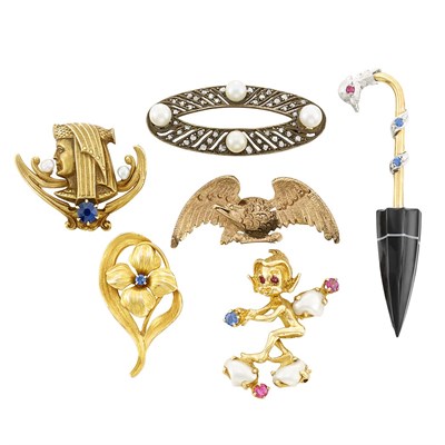Lot 52 - Six Gold, Low Karat Gold, Silver and Gem-Set Pins