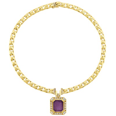 Lot 167 - Gold, Amethyst Cameo and Diamond Pendant-Necklace