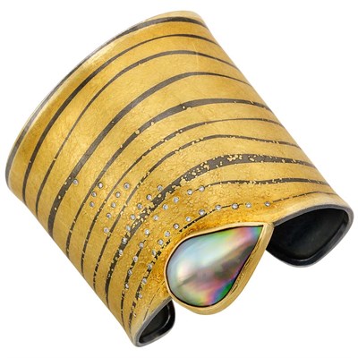 Lot 104 - Mixed Metal, Diamond and Mabe Pearl Cuff Bangle Bracelet, Michael Zobel
