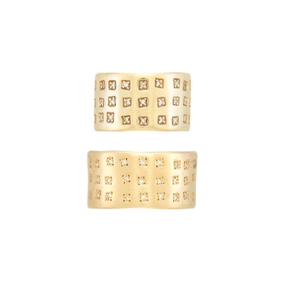 Lot 129 - Pair of Wide Gold and Diamond Band Rings