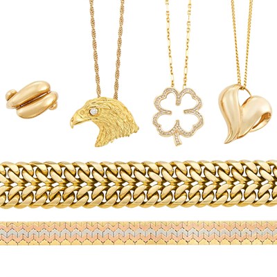 Lot 233 - Group of Gold Jewelry and Tricolor Gold Bracelet