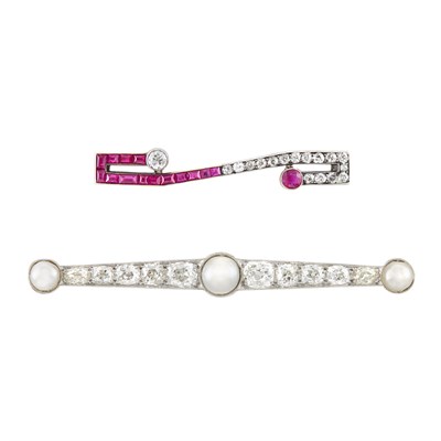 Lot 33 - Two Antique Platinum, Silver-Topped Gold, Diamond, Split Pearl, Ruby and Synthetic Ruby Brooches
