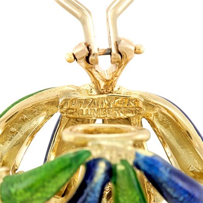 Lot 310 - Pair of Gold and Green and Blue Enamel Earclips, Tiffany & Co., Schlumberger