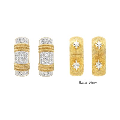 Lot 231 - Pair of Two-Color Gold and Diamond Reversible Hoop Earrings