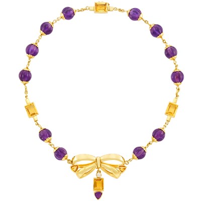 Lot 131 - Gold, Amethyst Bead, Citrine and Diamond 'Bow' Necklace, Valentino
