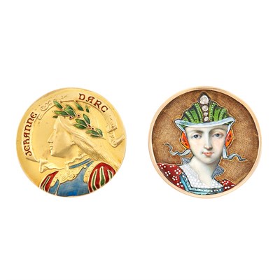 Lot 46 - Antique Gold and Enamel Pin, Jeranne Darc and Antique Gold, Enamel and Diamond Portrait Pin