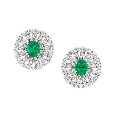 Lot 291 - Pair of White Gold, Emerald and Diamond Earrings