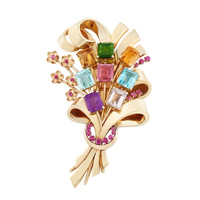 Lot 356 - Retro Gold and Gem-Set Flower Bouquet Clip-Brooch