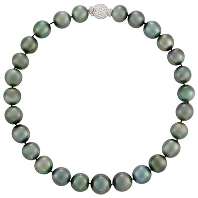 Lot 269 - Tahitian Black Cultured Pearl Necklace with White Gold and Diamond Ball Clasp