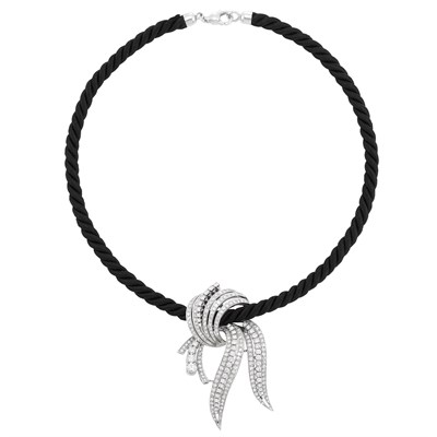 Lot 268 - White Gold and Diamond Pendant-Brooch with White Gold and Black Cord Necklace