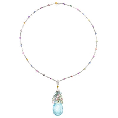 Lot 152 - White Gold, Multicolored Sapphire, Multicolored Sapphire and Aquamarine Briolette and Diamond Pendant-Necklace