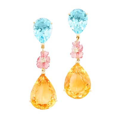Lot 141 - Pair of Gold, Blue Topaz, Citrine, Pink Tourmaline and Diamond Pendant-Earrings