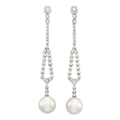 Lot 194 - Pair of White Gold, South Sea Cultured Pearl and Diamond Pendant-Earrings