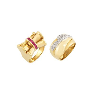 Lot 345 - Retro Rose Gold and Ruby Bow Ring and Two-Color Gold and Diamond Band Ring