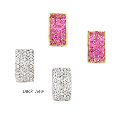 Lot 280 - Pair of Two-Color Gold, Pink Sapphire and Diamond Reversible Hoop Earrings
