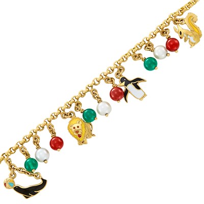 Lot 222 - Gold, Enamel, Cultured Pearl and Chalcedony Animal Charm Bracelet