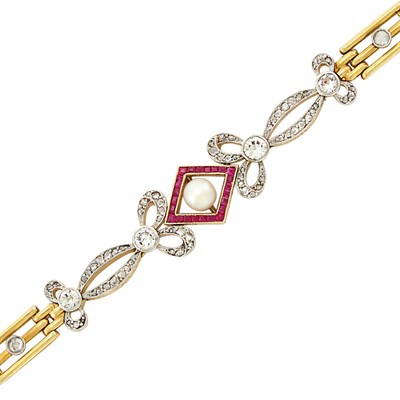 Lot 36 - Antique Gold, Platinum, Diamond, Ruby and Pearl Bracelet