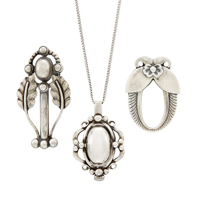 Lot 265 - Sterling Silver Pendant with Chain and Two Pins, Georg Jensen