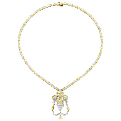 Lot 454 - Platinum, Gold, Diamond and Yellow Diamond Pendant-Necklace
