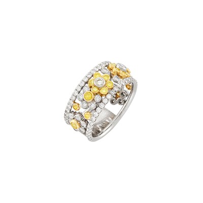Lot 453 - Two-Color Gold, Diamond and Colored Diamond Floral Motif Ring