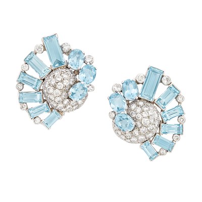 Lot 426 - Pair of Platinum, Aquamarine and Diamond Earclips