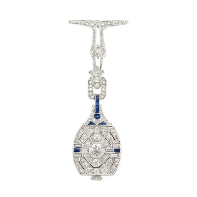 Lot 422 - Art Deco Platinum and Diamond Lapel Watch, Black, Starr & Frost