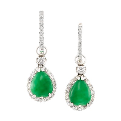 Lot 294 - Pair of White Gold, Jade and Diamond Pendant-Earrings