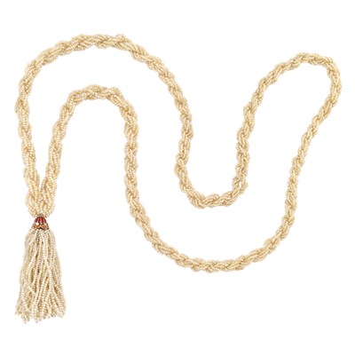 Lot 90 - Long Multistrand Braided Seed Pearl, Gold, Enamel and Diamond Sautoir