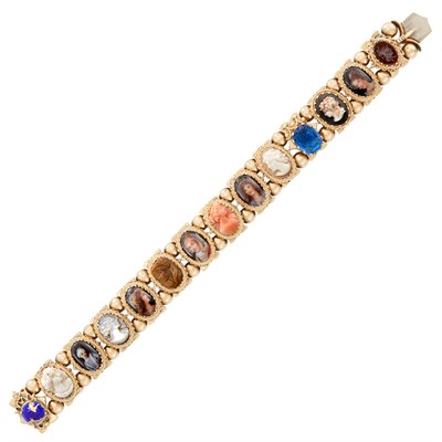 Lot 88 - Gold, Gem-Set, Enamel and Cameo Slide-Bracelet, Ring and Pair of Earclips and Silver and Shell Cameo Pendant-Brooch