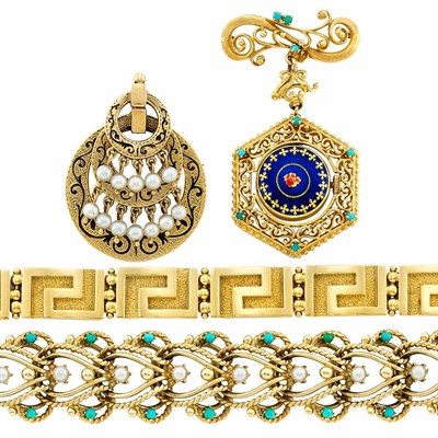 Lot 106 - Group of Gold, Cutlured Pearl, Turquoise and Enamel Jewelry
