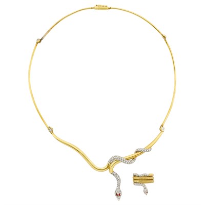 Lot 123 - Two-Color Gold, Diamond and Ruby Snake Necklace and Ring