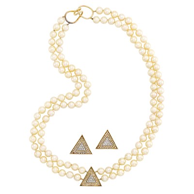 Lot 117 - Double Strand Two-Color Gold, Cultured Pearl and Diamond Pendant-Necklace and Pair of Earrings
