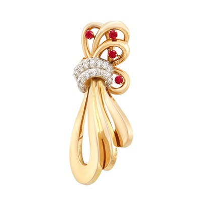 Lot 346 - Retro Gold, Platinum, Diamond and Ruby Brooch