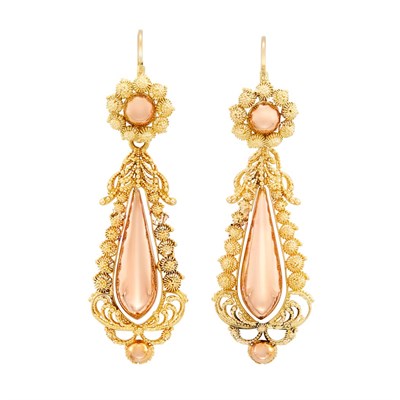 Lot 48 - Pair of Antique Two-Color Cannetille Gold Pendant-Earrings