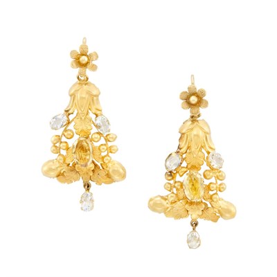 Lot 28 - Pair of Antique Gold, Aquamarine and Citrine Pendant-Earrings