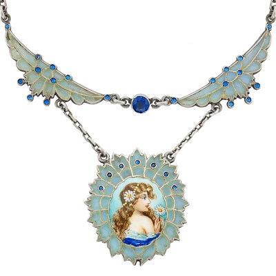 Lot 18 - Three Antique Silver and Enamel Portrait Brooches and Silver, Plique-a-Jour  Enamel and Blue Stone Pendant-Necklace