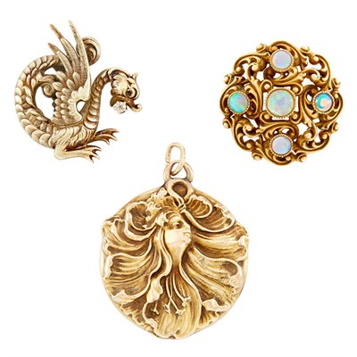 Lot 63 - Two Antique Gold, Opal and Diamond Pins and Art Nouveau Gold Locket