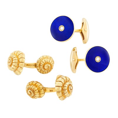 Lot 281 - Pair of Hammered Gold Cufflinks, David Webb, and Pair of Gold, Blue Enamel and Diamond Cufflinks, Fabergé