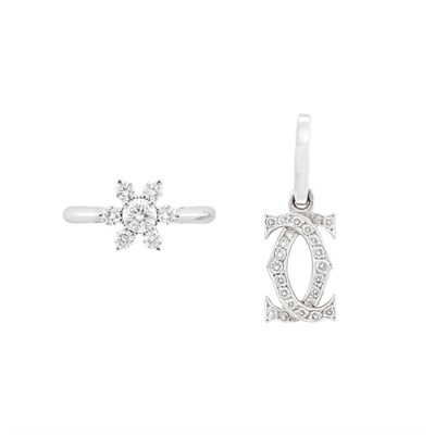 Lot 163 - Platinum and Diamond Ring, Tiffany & Co., and White Gold and Diamond 'Double C' Pendant, Cartier, France
