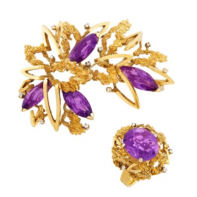 Lot 96 - Gold, Amethyst and Diamond Pendant-Brooch and Ring