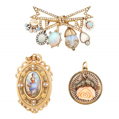 Lot 61 - Two Antique Gold, Silver and Gem-Set Pins and Enamel Portrait Miniature Pendant-Pin