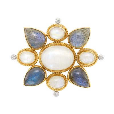 Lot 337 - Two-Color Gold, Moonstone, Labradorite and Diamond Pendant-Brooch, Maz