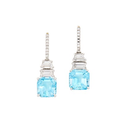 Lot 10 - Pair of Platinum, White Gold, Aquamarine and Diamond Pendant-Earrings, Tiffany & Co.