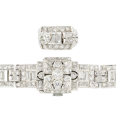 Lot 162 - Platinum and Diamond Bracelet-Watch and Ring