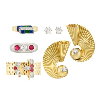 Lot 348 - Group of Retro Gold, Diamond and Gem-Set Jewelry, Pair of Diamond Stud Earrings and Diamond and Ruby Gypsy Ring